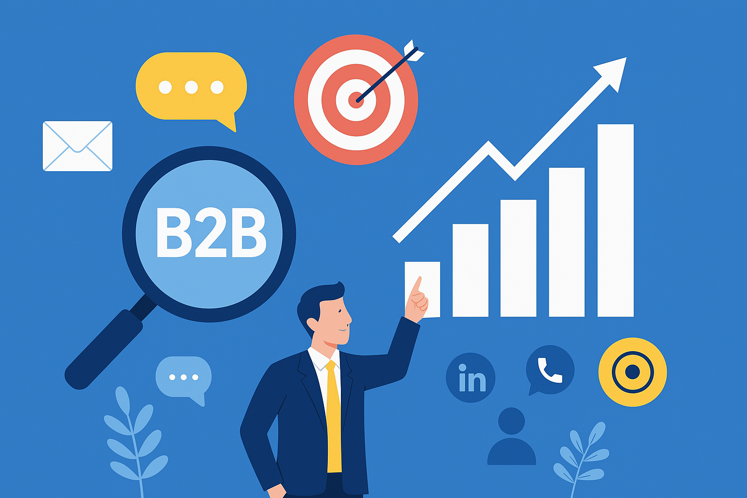 Ilustração de conceito de prospecção B2B com elementos como gráficos de crescimento, lupa, alvos e ícones de comunicação, representando planejamento e geração de leads qualificados.