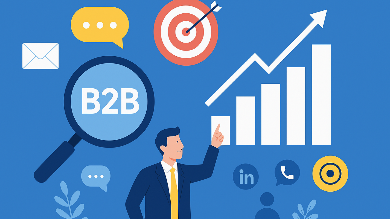 Ilustração de conceito de prospecção B2B com elementos como gráficos de crescimento, lupa, alvos e ícones de comunicação, representando planejamento e geração de leads qualificados.